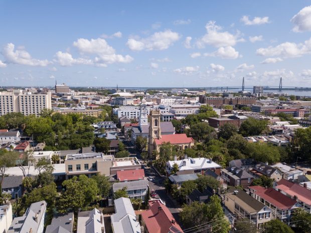 Aerial View Of Downtown Charleston, South Carolina With Historic